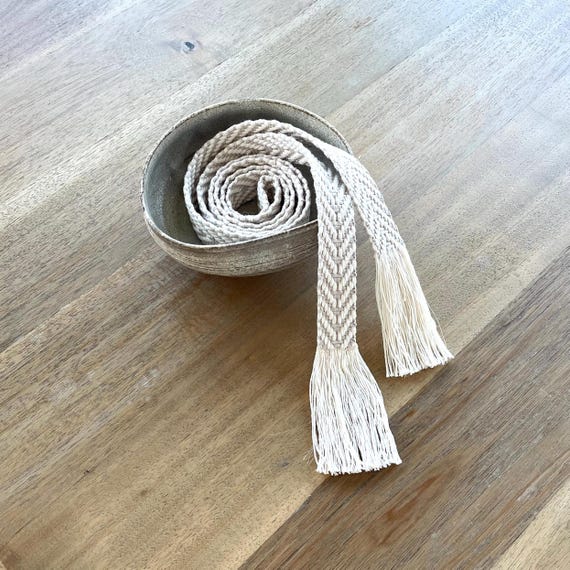 Bohemian Woven Wrap Belt: Adjustable Skinny Fringe Sash Tie in Tangerine Light Gray and Cream - One Inch Wide - Ready To Ship