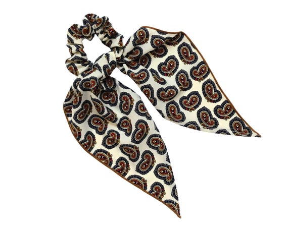 Scrunchie scarf for ladies. Silk Bow Scrunchie with long tail for ponytail or bun. Women's hair fashion accent. Ready to Ship