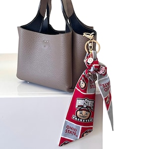 Pode incluir: Uma bolsa de couro taupe com interior preto e um len&ccedil;o decorativo. O len&ccedil;o &eacute; vermelho, branco e cinza com as palavras "Ohio State Buckeyes" e um gr&aacute;fico de mascote. Um chaveiro dourado prende o len&ccedil;o &agrave; bolsa.