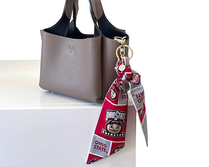 Pode incluir: Uma bolsa de couro taupe com interior preto e um len&ccedil;o decorativo. O len&ccedil;o &eacute; vermelho, branco e cinza com as palavras "Ohio State Buckeyes" e um gr&aacute;fico de mascote. Um chaveiro dourado prende o len&ccedil;o &agrave; bolsa.