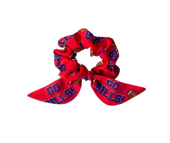 Buffalo Bills bunny ear scrunchie for ponytail, bun or top knot. NFL Bill apparel gift. Ready to Ship