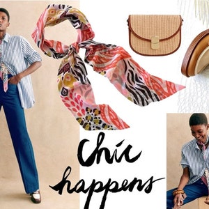 May include: A woman wearing a blue and white striped shirt, blue jeans, and brown loafers. She is also wearing a colorful scarf tied around her neck. The text "Chic happens" is written in black on a white background.