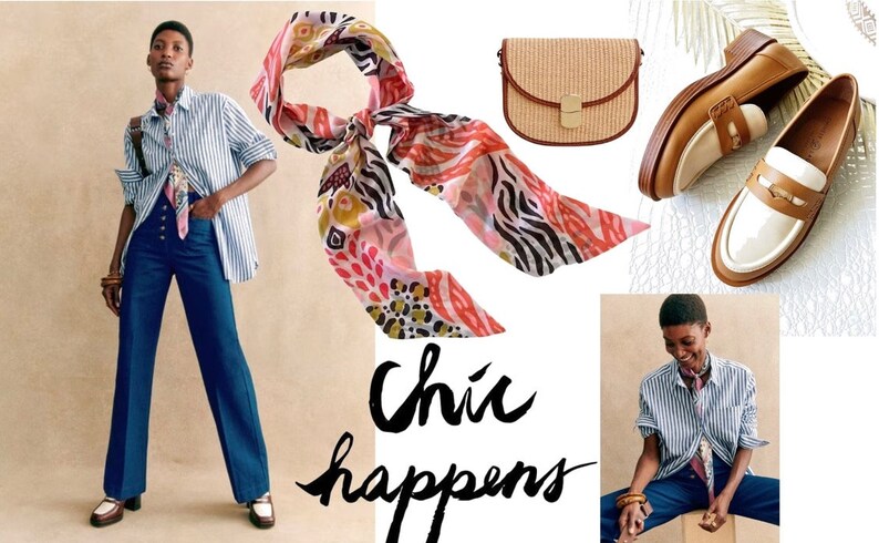 May include: A woman wearing a blue and white striped shirt, blue jeans, and brown loafers. She is also wearing a colorful scarf tied around her neck. The text "Chic happens" is written in black on a white background.