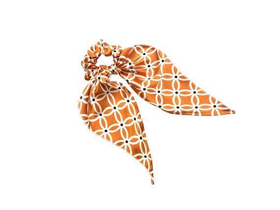 Gold Hair Tie with Removable Scarf, Black & Cream Floral Patterned Scrunchie Scarf, Silk Blend Ponytail Holder, Stylish Hair Accessory