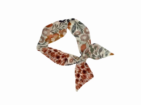 Short hair scarf. Floral skinny scarf for ponytail, bun, top knot or handbag. Thin neck scarf for women. Ready to Ship