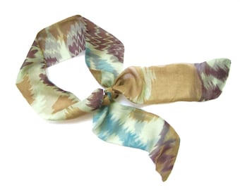 Light and airy long hair scarf. Women's skinny scarf for bun, purse, ponytail or neck. Gold and green watercolor pattern. Ready to Ship