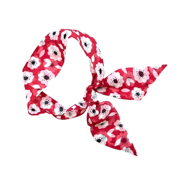Small red floral hair scarf. Fabric hair tie for ponytail, bun, top knot or handbag. Thin, skinny neck scarf for women. Ready to Ship