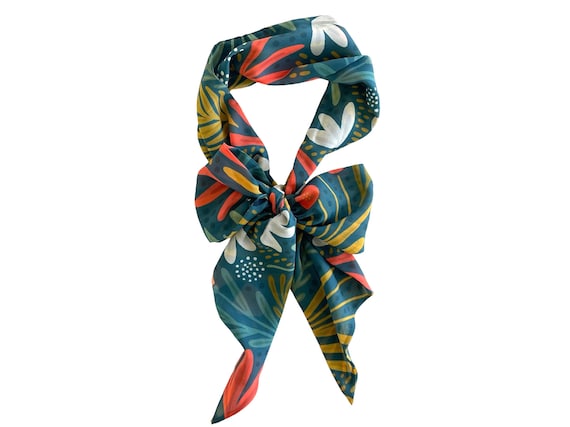 Ladies wide neck tie scarf. Use also as hair wrap or floppy hat scarf. Lightweight floral chiffon belt sash. Ready to Ship
