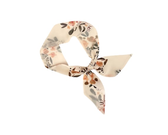 Short hair scarf. Floral skinny scarf for ponytail, bun, top knot or handbag. Thin cream neck scarf for women. Ready to Ship