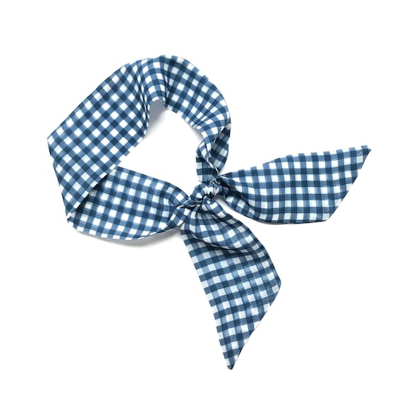 Blue gingham short hair scarf. Fabric hair tie for ponytail, bun, braid or handbag. Thin, small, skinny women's neck scarf. Ready to Ship