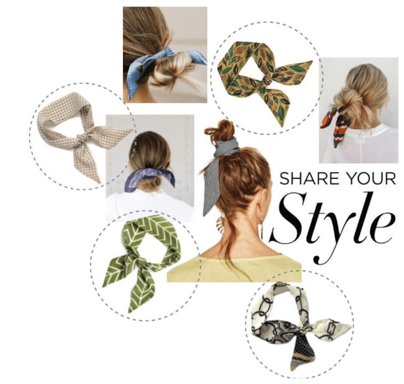 May include: A collection of six different patterned hair scarves in various colors and designs. The scarves are tied in a bow around a ponytail. The text "SHARE YOUR Style" is displayed on the image.