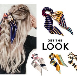 May include: A woman's blonde hair styled in a braid, adorned with a colorful patterned hair tie. Additional hair ties with various patterns are displayed, including stripes and polka dots. The text "GET THE LOOK" is also visible.