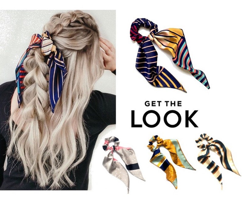 May include: A woman's blonde hair styled in a braid, adorned with a colorful patterned hair tie. Additional hair ties with various patterns are displayed, including stripes and polka dots. The text "GET THE LOOK" is also visible.