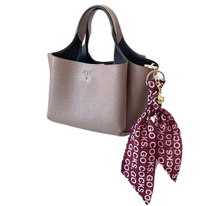 May include: A taupe-colored handbag with a structured design and dual handles. The interior is black. A burgundy scarf with the text "GO COCKS" is attached to the bag with a gold-colored keychain.