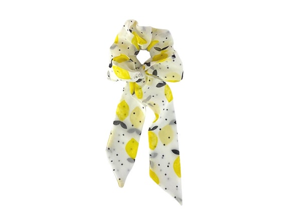 Versatile Lemon Print Hair Accessory: Convertible Scarf Scrunchie with Tail for Bun, Ponytail, or Braid - Ready to Ship