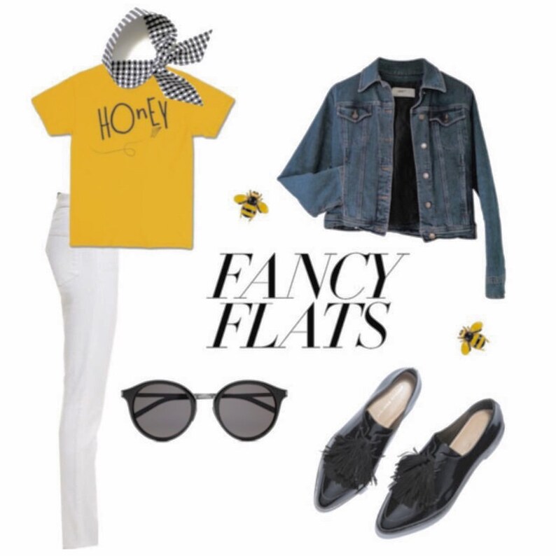 May include: A yellow t-shirt with the word "Honey" printed on it, white jeans, a denim jacket, black sunglasses, and black tassel loafers. The text "Fancy Flats" is printed in black on a white background.