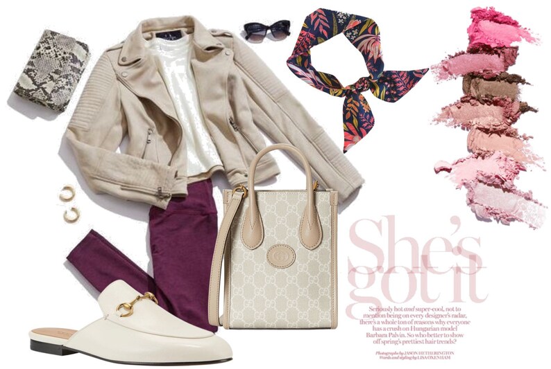 May include: A fashion flat lay featuring a beige suede jacket, a white t-shirt, burgundy pants, white leather loafers with gold hardware, a beige and brown patterned tote bag, a snakeskin clutch, gold hoop earrings, a floral patterned scarf, and a pink eyeshadow palette. The text "She's got it" is visible in the image.