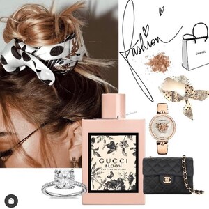May include: A pink bottle of Gucci Bloom perfume with a floral design and the text "Gucci Bloom Nettare di Fiori". The image also includes a diamond ring, a gold watch with a white face and a black and gold chain strap, a black quilted handbag with a gold chain strap, a white and black polka dot scarf, and a white shopping bag with the word "Chanel" printed on it.