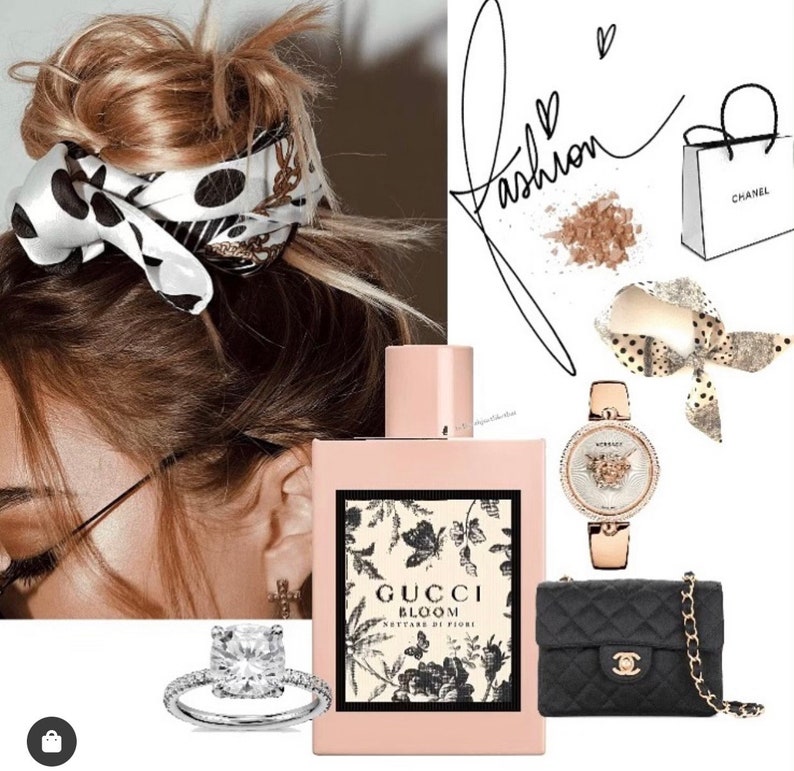 May include: A pink bottle of Gucci Bloom perfume with a floral design and the text "Gucci Bloom Nettare di Fiori". The image also includes a diamond ring, a gold watch with a white face and a black and gold chain strap, a black quilted handbag with a gold chain strap, a white and black polka dot scarf, and a white shopping bag with the word "Chanel" printed on it.