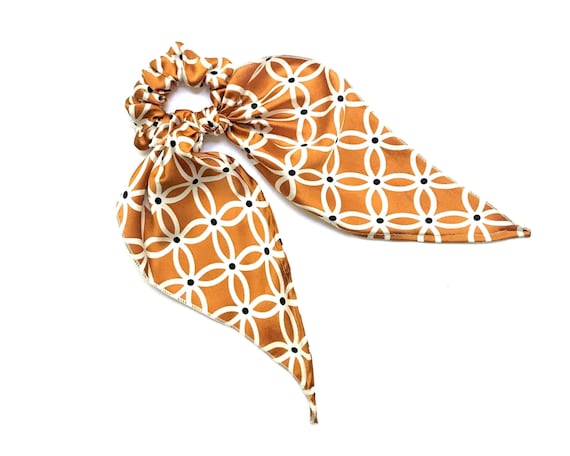 Scrunchie hair scarf with long tail. Fabric Hair Tie for ponytail or bun. Hair bow accent for spring, summer or fall. Ready to Ship