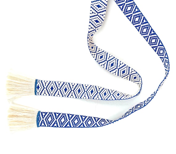 Woven Wrap Belt for Women Teen Tween - Adjustable Skinny Tie Sash with Fringe - Blue Cream