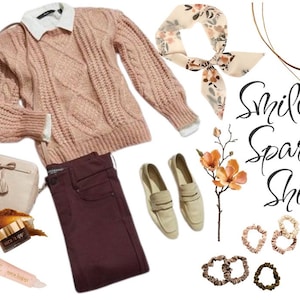 May include: A pink cable knit sweater, burgundy jeans, beige loafers, a floral scarf, a beige crossbody bag with tassels, a gold necklace with a circular pendant, and four brown scrunchies. The text "Smile Sparkle Shine" is written in black cursive.