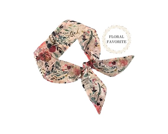 Short Silk Scarf Peach Skinny Floral Neck Wrap for Ponytail Bun Hair Accessories Women