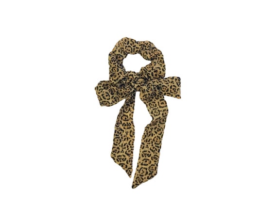 Animal print long tail scrunchie for bun, ponytail or braid. Jaguar hair bow scarf for women, teen, tween. Black, gold spots. Ready to Ship