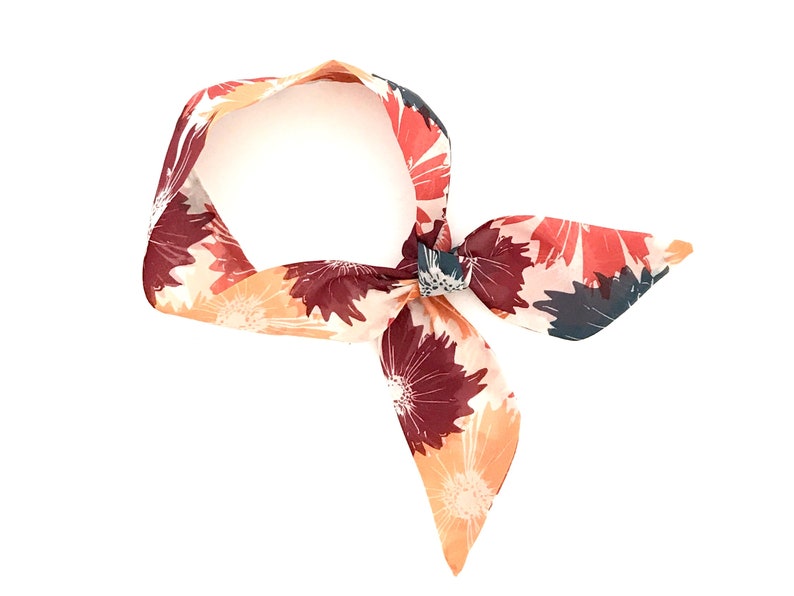 Short Skinny Neck Scarf Coral Floral Ponytail Hair Head Wrap Etsy
