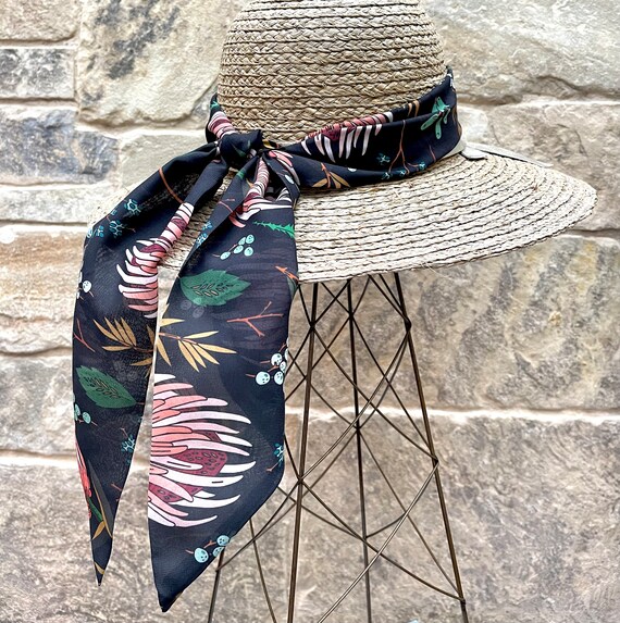 Ladies wide scarf to use as long neck tie, hair wrap or hat scarf. Botantical floral head wrap for spring or summer. Ready to Ship