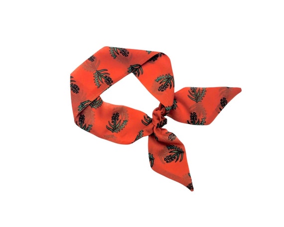 Short hair scarf. Fabric hair tie for ponytail, bun, braid or handbag. Floral thin, small, skinny women's neck scarf. Ready to Ship