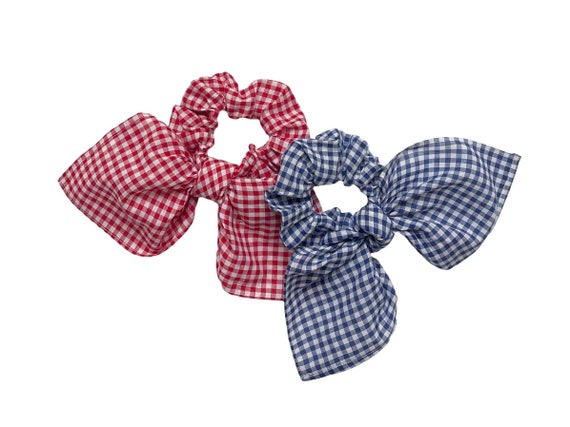 Gingham scrunchie scarves for ponytail or messy bun. Women, teen, girls hair accessory. Bunny ear scrunchy under 20 dollars, Ready to Ship