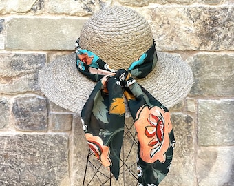 Versatile Green Floral Scarf: Neck Tie, Hair Wrap, Hat Accessory for Ladies - Spring Summer Fall - Ready to Ship