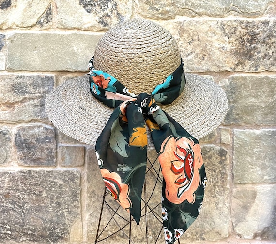 Versatile Green Floral Scarf: Neck Tie, Hair Wrap, Hat Accessory for Ladies - Spring Summer Fall - Ready to Ship