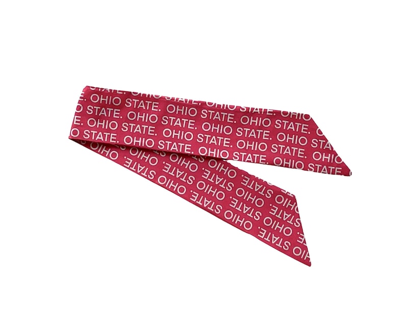 Pode incluir: Um len&ccedil;o de cetim vermelho com a inscri&ccedil;&atilde;o repetida "OHIO STATE" em branco. O len&ccedil;o est&aacute; dobrado e inclinado, com as extremidades apontando para baixo &agrave; direita. O fundo &eacute; branco liso.