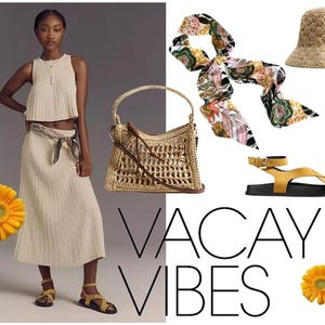 May include: A beige pleated sleeveless top and matching midi skirt, a woven straw handbag, a floral print scarf, a textured straw bucket hat, and yellow ankle-strap sandals. The text VACAY VIBES is displayed in black lettering alongside two yellow flowers.