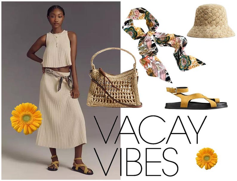 May include: A beige pleated sleeveless top and matching midi skirt, a woven straw handbag, a floral print scarf, a textured straw bucket hat, and yellow ankle-strap sandals. The text VACAY VIBES is displayed in black lettering alongside two yellow flowers.