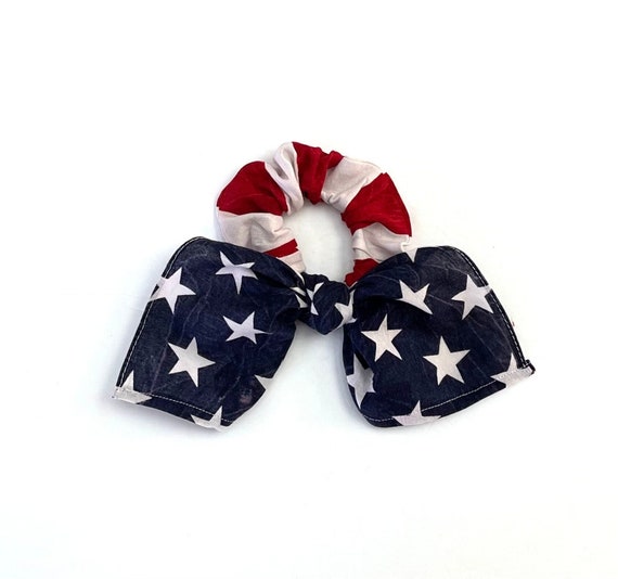 Patriotic scrunchie hair scarf for Memorial Day or 4th of July.  Red, white, blue stars and striped scrunchy for bun, ponytail or wrist.