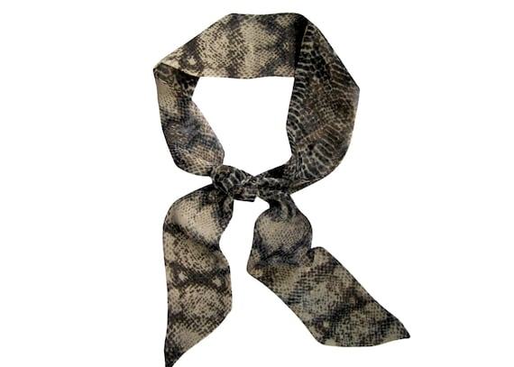 Snake print long skinny scarf for women.Fabric hair tie for neck, bun, handbag or ponytail.Black and brown chic fashion accent.Ready to Ship
