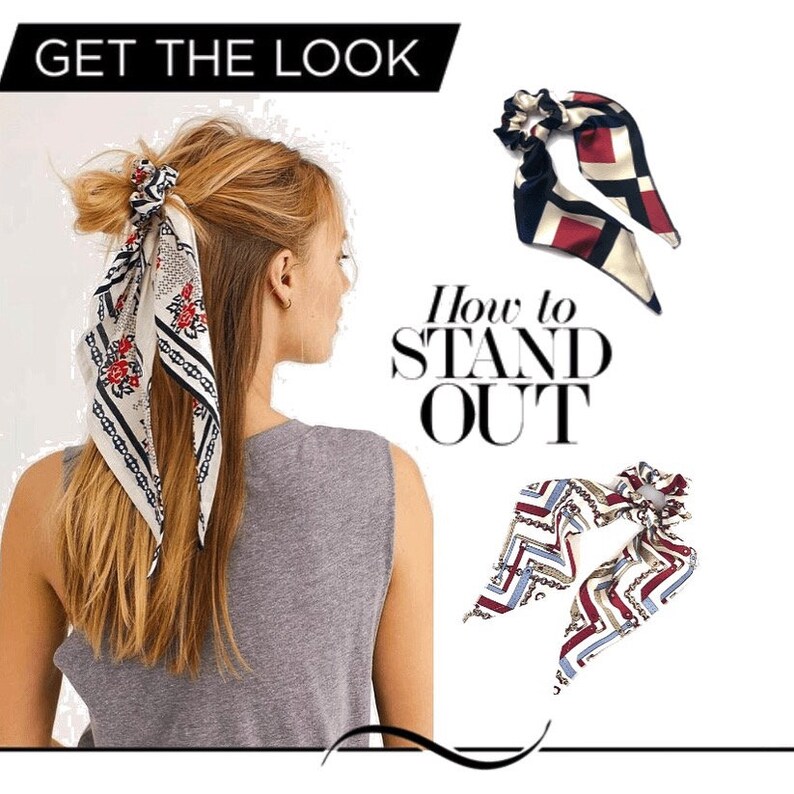 May include: Two hair scrunchies with patterned fabric tails. The scrunchies are in the shape of a bow. One scrunchie has a red, white, and black geometric pattern. The other scrunchie has a blue, white, and gold geometric pattern. The text "How to STAND OUT" is in the background.