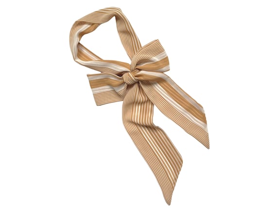 Striped long neck tie scarf. Golden beige and white long skinny scarf to use as head wrap, hairband, ponytail scarf or belt sash