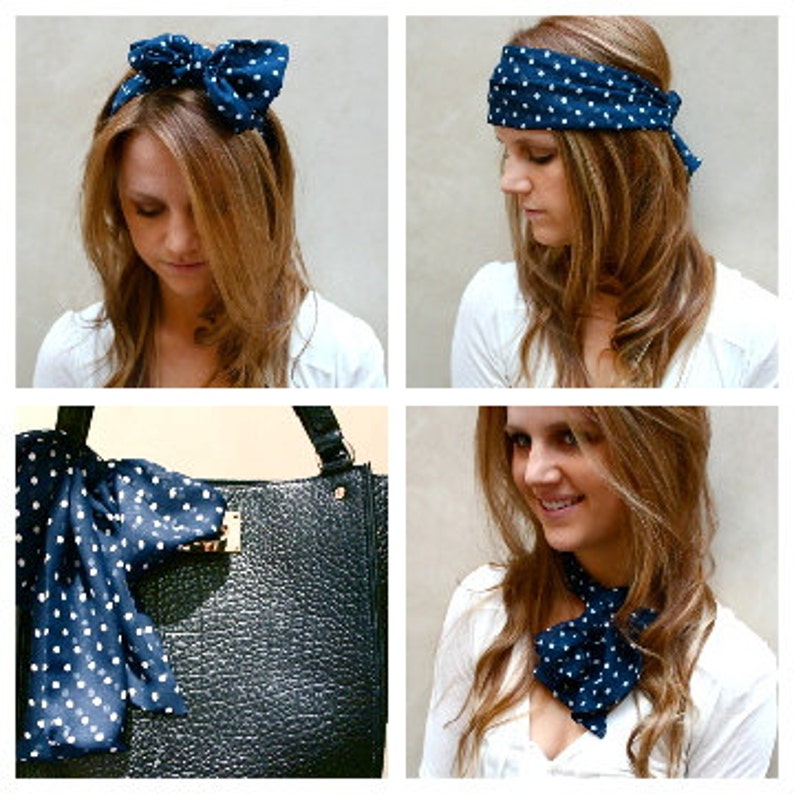May include: A blue and white polka dot patterned scarf is shown in four different ways: as a headband, a headband tied at the back of the head, tied around a black handbag, and tied around the neck as a scarf.
