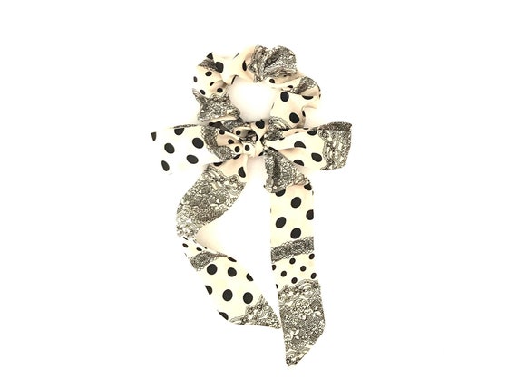 Polka dot scarf scrunchie with tail for bun or ponytail. Beige and black fabric hair tie for woman, teen or tween. Ready to Ship