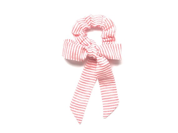 Red and white striped scarf scrunchie with tail for bun, ponytail or braid. Convertible hair scarf for women, teen, tween. Ready to Ship