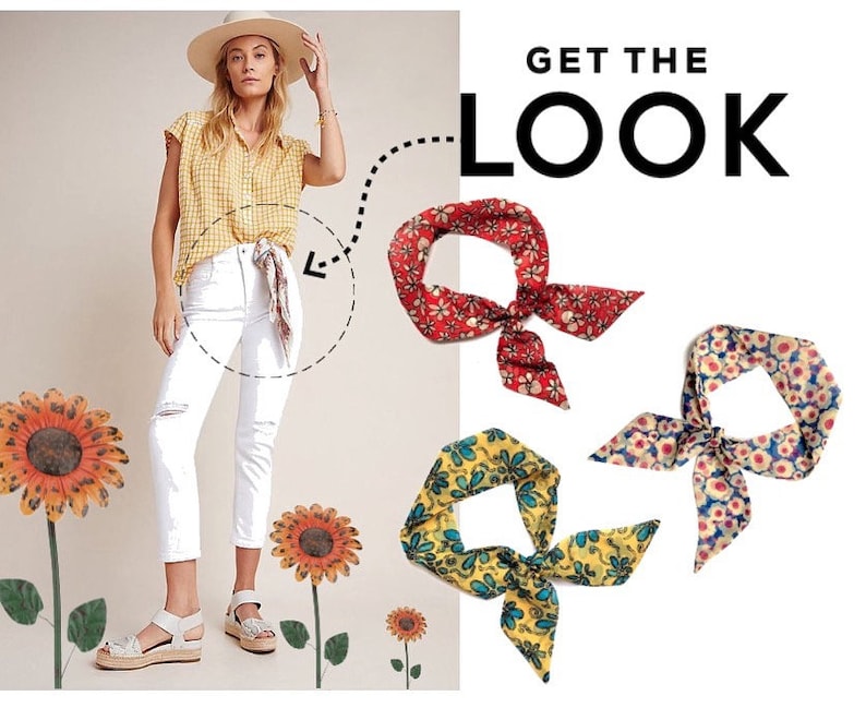 May include: Three patterned neck scarves in red, yellow, and blue floral prints, displayed alongside a person wearing a yellow gingham shirt, white jeans, and a hat, with the text GET THE LOOK and sunflower illustrations in the background.