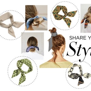 May include: A collection of six different patterned silk scarves tied around a woman's hair in a bun. The scarves are in various colors and patterns, including plaid, floral, and geometric. The text "SHARE YOUR Style" is written in black and white on a white background.