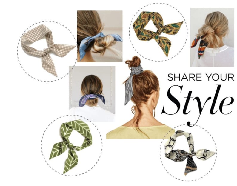 May include: A collection of six different patterned silk scarves tied around a woman's hair in a bun. The scarves are in various colors and patterns, including plaid, floral, and geometric. The text "SHARE YOUR Style" is written in black and white on a white background.