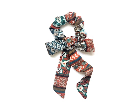 Long tail scrunchie for ponytail or bun. Fabric hairband in aztec, flowers and hearts for women, teen or tween. Ready to Ship