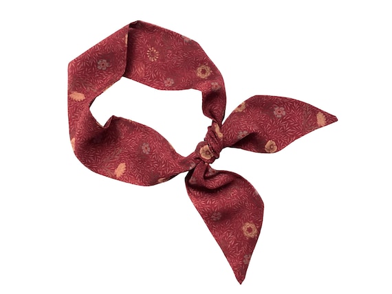 Burgundy Floral Skinny Hair Scarf – Chiffon Ribbon Wrap, Ponytail Tie, Headband, Neck Scarf, Purse Accessory Gift for Women