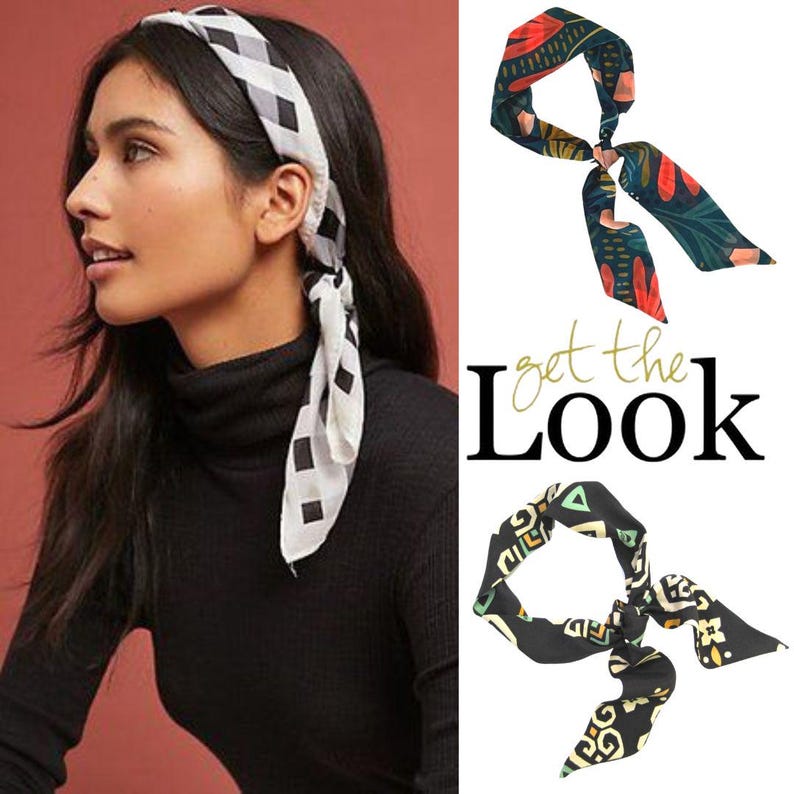 May include: A woman wearing a black turtleneck sweater with a black and white patterned headband. The headband is tied in a knot at the back of her head. The image also shows two different patterned headbands, one with a tropical print and the other with a geometric print. The text "get the look" is displayed in the image.
